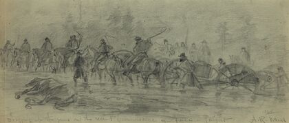 Dragging up the guns on the recent reconnoisance in force (night). 1864