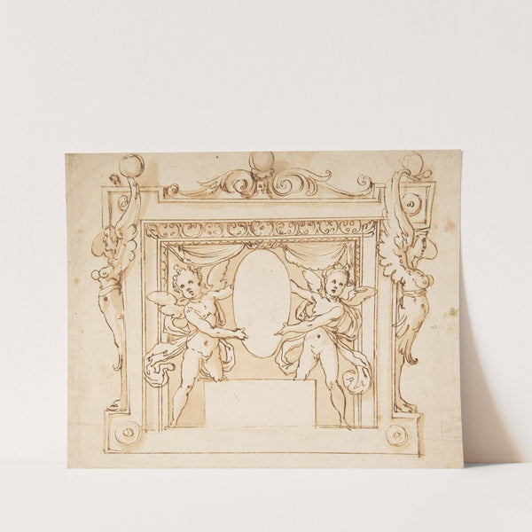 Drawing for a Memorial Tablet; Two Winged Children Holding an Empty Oval in a Frame with Gryphons by Follower of Federico Zuccaro