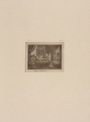 Drawing of reclining figure on a bed with two standing figures