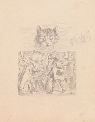 Drawing of the Cheshire Cat in the Sky with Executioner, King and Queen below