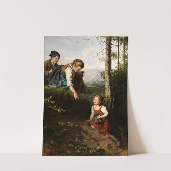 Drei Kinder im Wald beim Beerenpflücken by Felix Schlesinger