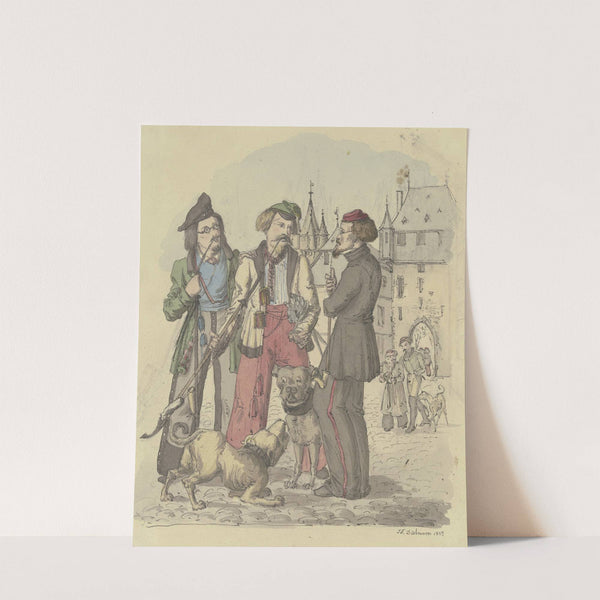 Drei rauchende Studenten mit zwei Hunden by Jakob Fürchtegott Dielmann