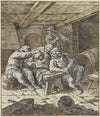 Drei zechende Bauern und eine Bäerin an einer Bank