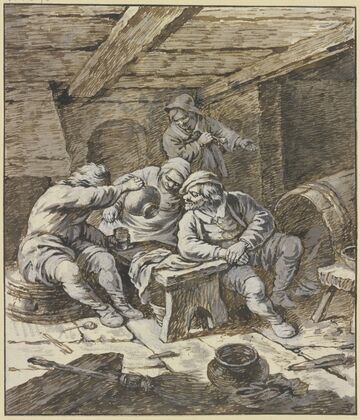 Drei zechende Bauern und eine Bäerin an einer Bank