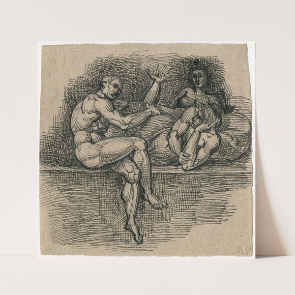 Drie figuren, zittend en liggend op een hoge bank by David Humbert de Superville