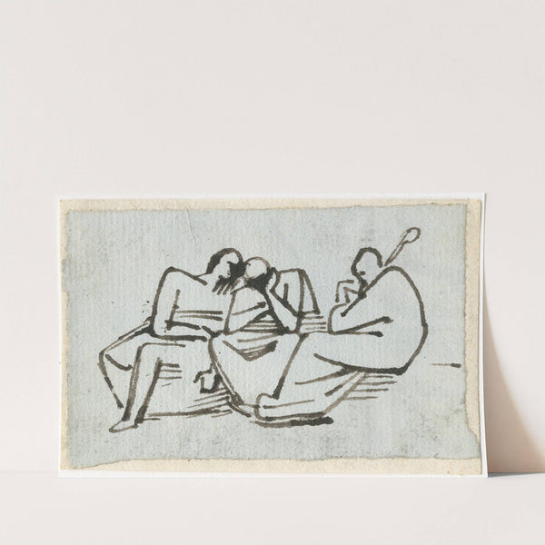 Drie zittende figuren, waarvan er één een staf vasthoudt by David Humbert de Superville