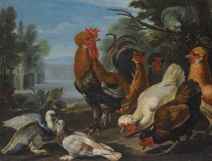 Ducks, Guinea Pigs And A Rabbit In A Wooded Landscape Beside A Lake