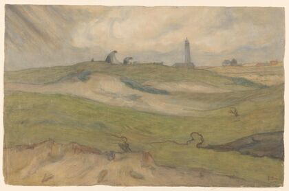 Duinlandschap met vuurtoren en nettenboeters