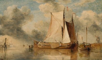 Dutch sailing boats on the Zuyder Zee with a distant windmill