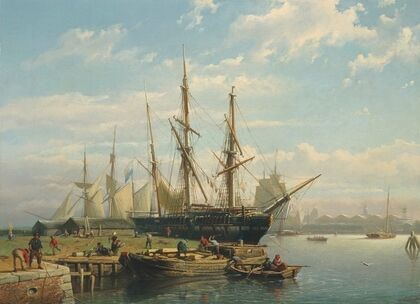 Dutch sailing ships at anchor in a river estuary