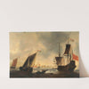 Dutch ships and boats at sea, a city beyond by Jacob Adriaensz. Bellevois