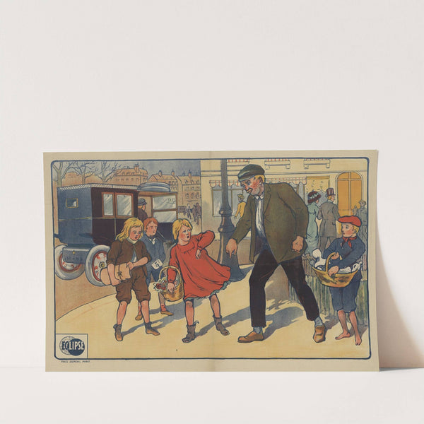 Eclipse scène de rue un vagabond avec des enfants – une petite fille en robe rouge vendeuse de fleurs (1909) by Imp. Paul Dupont
