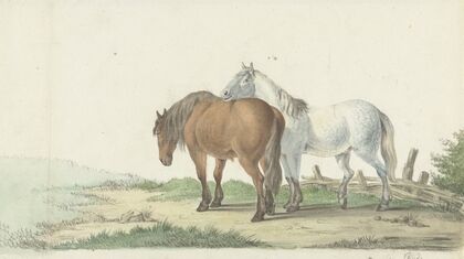 Een bruin en wit paard op een weg naast een hek (1802)