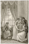 Een huilende, een knielende, twee staande dames en heer
