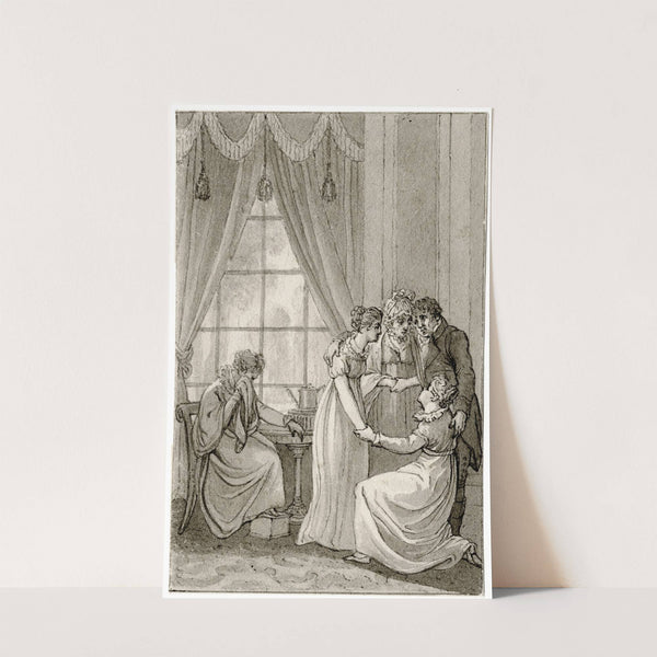Een huilende, een knielende, twee staande dames en heer by Reinier Vinkeles