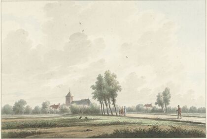 Een landschap met kerk aan de horizon