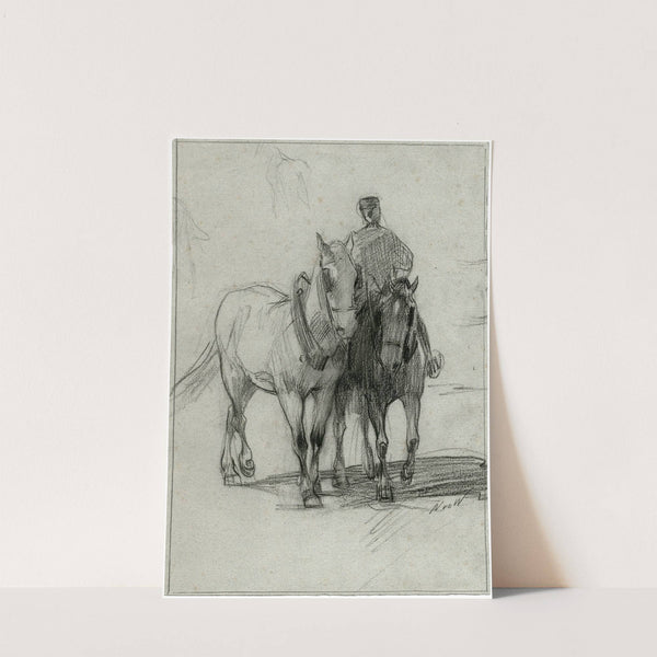 Een man te paard leidt een tweede paard by Nicolaas van der Waay