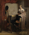 Een schilder voor zijn ezel toont een schilderij aan een meisje (1852)