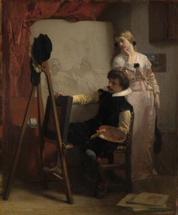 Een schilder voor zijn ezel toont een schilderij aan een meisje (1852)