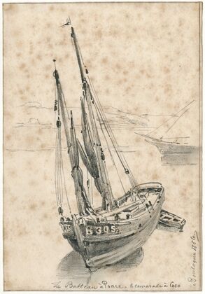 Een zeilboot op het strand bij Boulogne