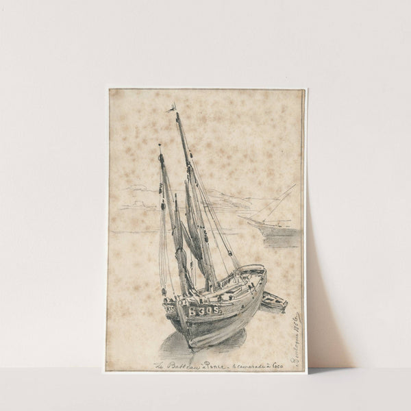 Een zeilboot op het strand bij Boulogne by Pieter van Loon