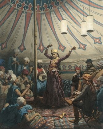Egyptian dancer in a tent, with musicians and spectators