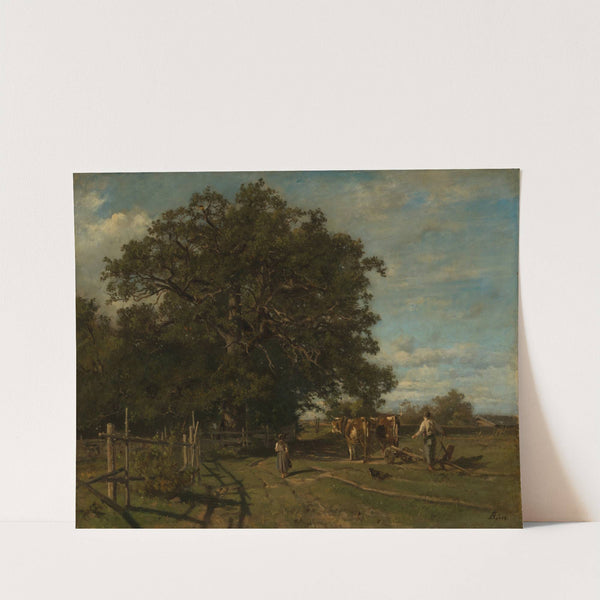 Eiche am Waldrand und pflügender Bauer by Adolf Heinrich Lier