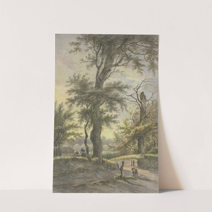 Eiche, darunter zwei Männer auf dem Weg, ein Hund bei einem Pfahl, im Licht der Abendsonne by Jan Hulswit