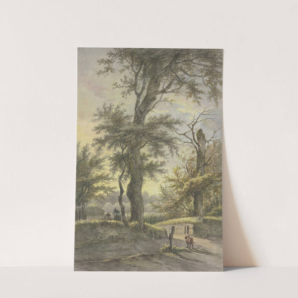 Eiche, darunter zwei Männer auf dem Weg, ein Hund bei einem Pfahl, im Licht der Abendsonne by Jan Hulswit
