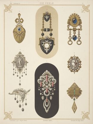 Eight Designs For Jewelry, Including Black And Gold Brooch With Tiny Watch. (1872 - 1873) — size preview