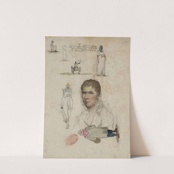 Eight small drawings, inclulding portrait, figure studies, carts by William Berryman