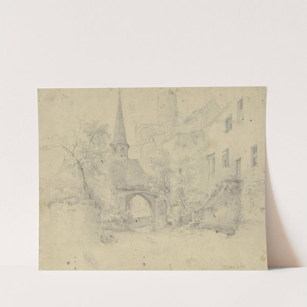 Ein altes Tor, dahinter eine Kirche, rechts ein Haus mit hoher Treppe, darüber ein altes Schloss by Jakob Fürchtegott Dielmann