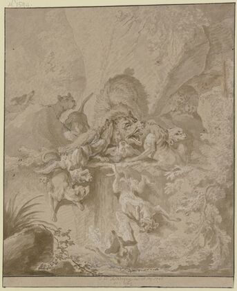 Ein Bär in einer Schlucht von einem Rudel Hunde gestellt (1746)
