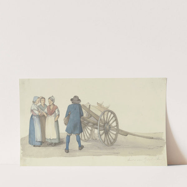 Ein Bauer und drei Frauen vom Hunsrück bei einer Karre, dahinter ein Rind by Jakob Fürchtegott Dielmann