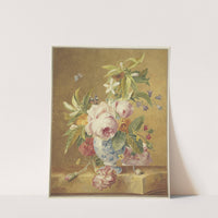 Ein Blumenbouquet in blauer Vase mit drei Schmetterlingen, vorne rechts eine Schnecke by Jan Matthias Kok