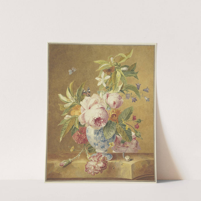 Ein Blumenbouquet in blauer Vase mit drei Schmetterlingen, vorne rechts eine Schnecke by Jan Matthias Kok