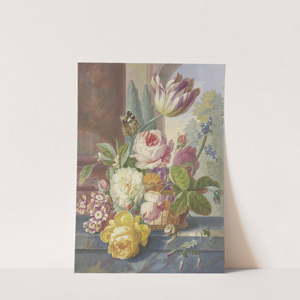 Ein Blumenstrauß in einem Korb, auf einer Tulpe ein Schmetterling, vorne eine Schnecke by Johannes Christiaan Roedig