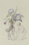 Ein Bouquet von blauen Winden, darunter ein sich voreinander verbeugendes Paar