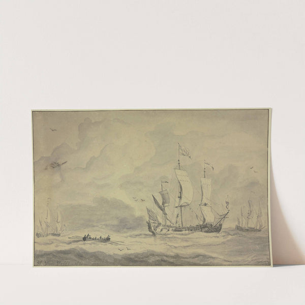 Ein Dreimaster nach rechts segelnd, dahinter ein Ruderboot by Willem van de Velde the Younger