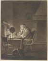 Ein Gelehrter am Tisch sitzend, bei Lampenlicht lesend