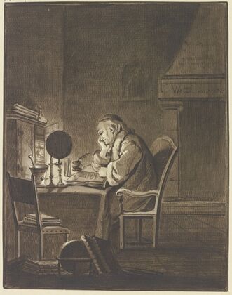 Ein Gelehrter am Tisch sitzend, bei Lampenlicht lesend