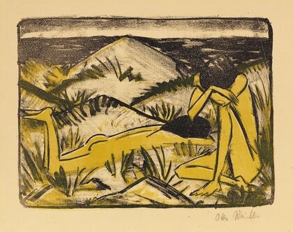 Ein in Dünen sitzendes und ein liegendes Mädchen (Zwei Mädchen in den Dünen, Sylt) (1920-1924)