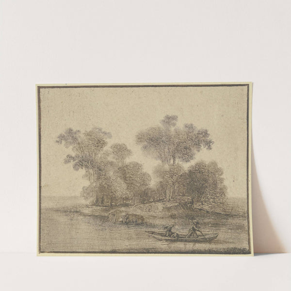 Ein Kahn mit einem stehenden und einem sitzenden Mann vor einer bewaldeten Insel by Benjamin Calau