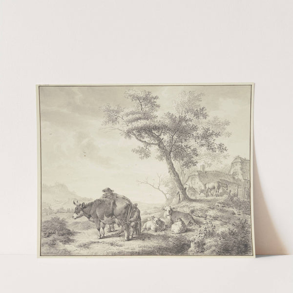 Ein Mann melkt eine Kuh, dabei einige Schafe, rechts zwei Pferde bei Häusern by Bernhard Hendrik Thier