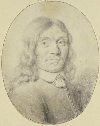 Ein Mann mit langem Haar und schwachem Barte, nach rechts gewendet
