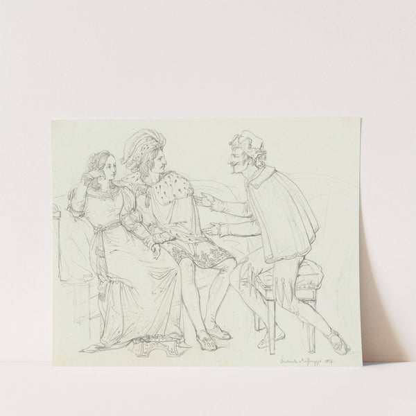 Ein Paar auf einem Sofa unterhält sich mit einem Narren by Friedrich Mosbrugger