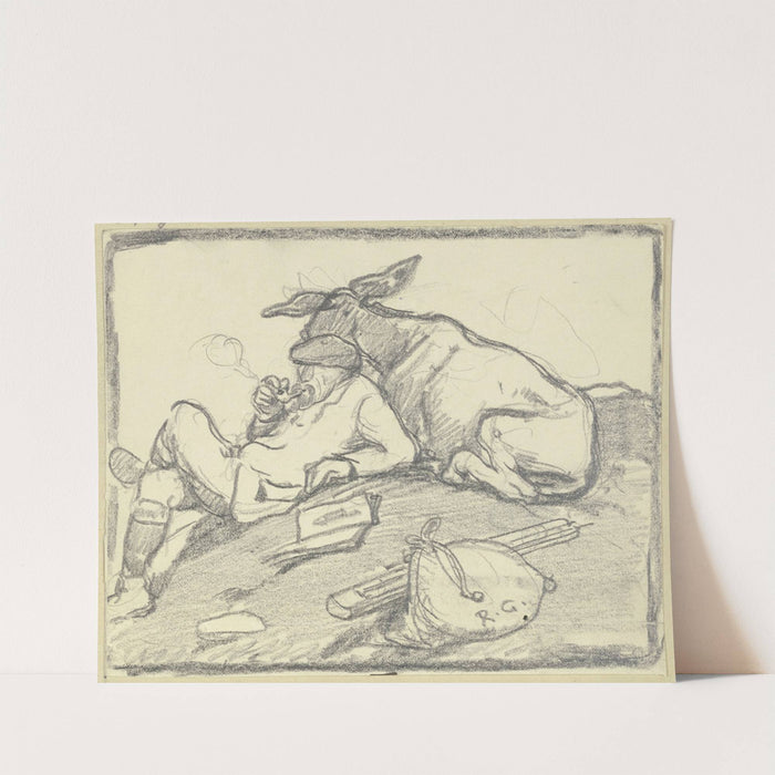 Ein Pfeife rauchender Mann auf einem Hügel rastend, angelehnt an einen Esel by Rudolf Gudden