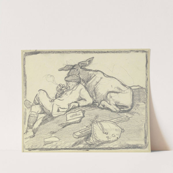 Ein Pfeife rauchender Mann auf einem Hügel rastend, angelehnt an einen Esel by Rudolf Gudden