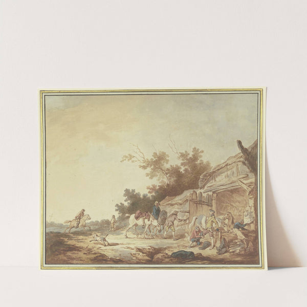 Ein Reisender, dem die Reitstiefel angezogen werden, steht mit seinen Pferden bei einer Tränke vor einem Stall, von links kommen zwei Reiter auf die Tränke zu by Francesco Giuseppe Casanova