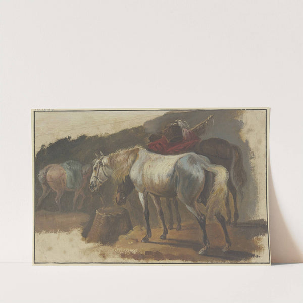 Ein Schimmel und ein bepackter Brauner an einem Korb stehend, im Hintergrund ein drittes Pferd mit blauer Decke by Georg Philipp Rugendas the Elder
